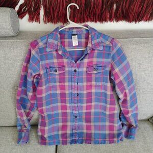 Patagonia Fjord Womens Flannel Shirt Size 8 Purple Blue Plaid Button Down